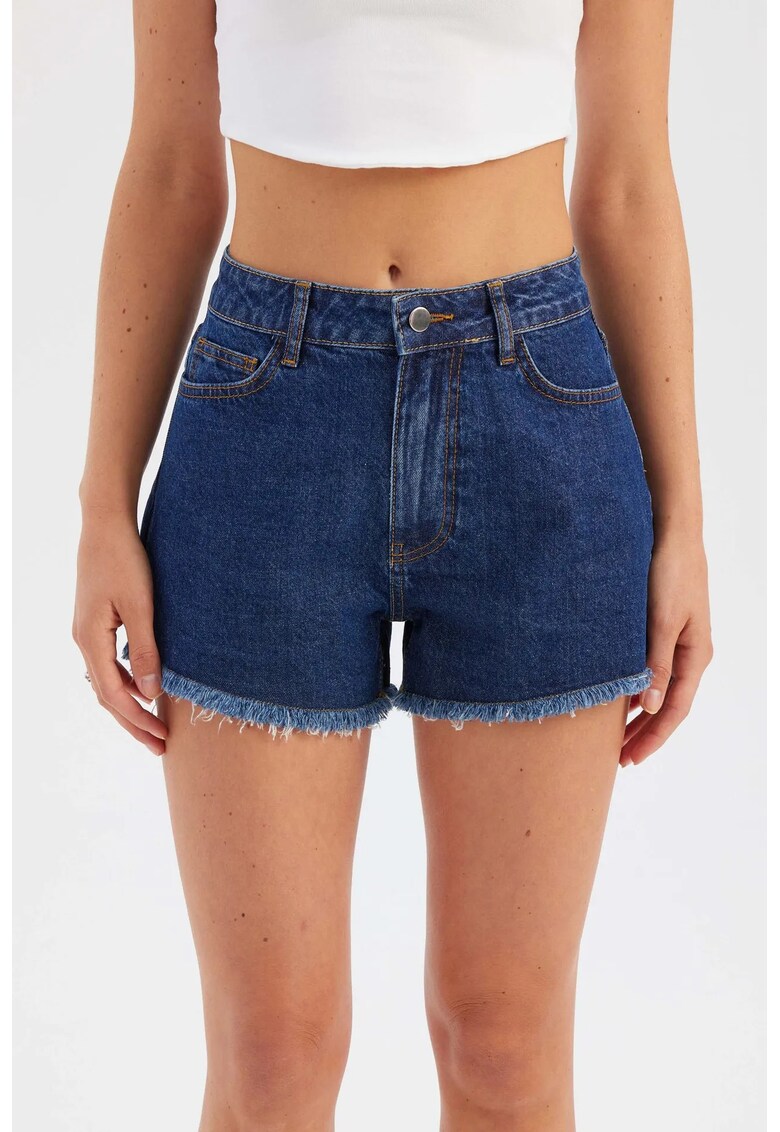 Pantaloni scurti dama - denim solid - talie inalta - albastru