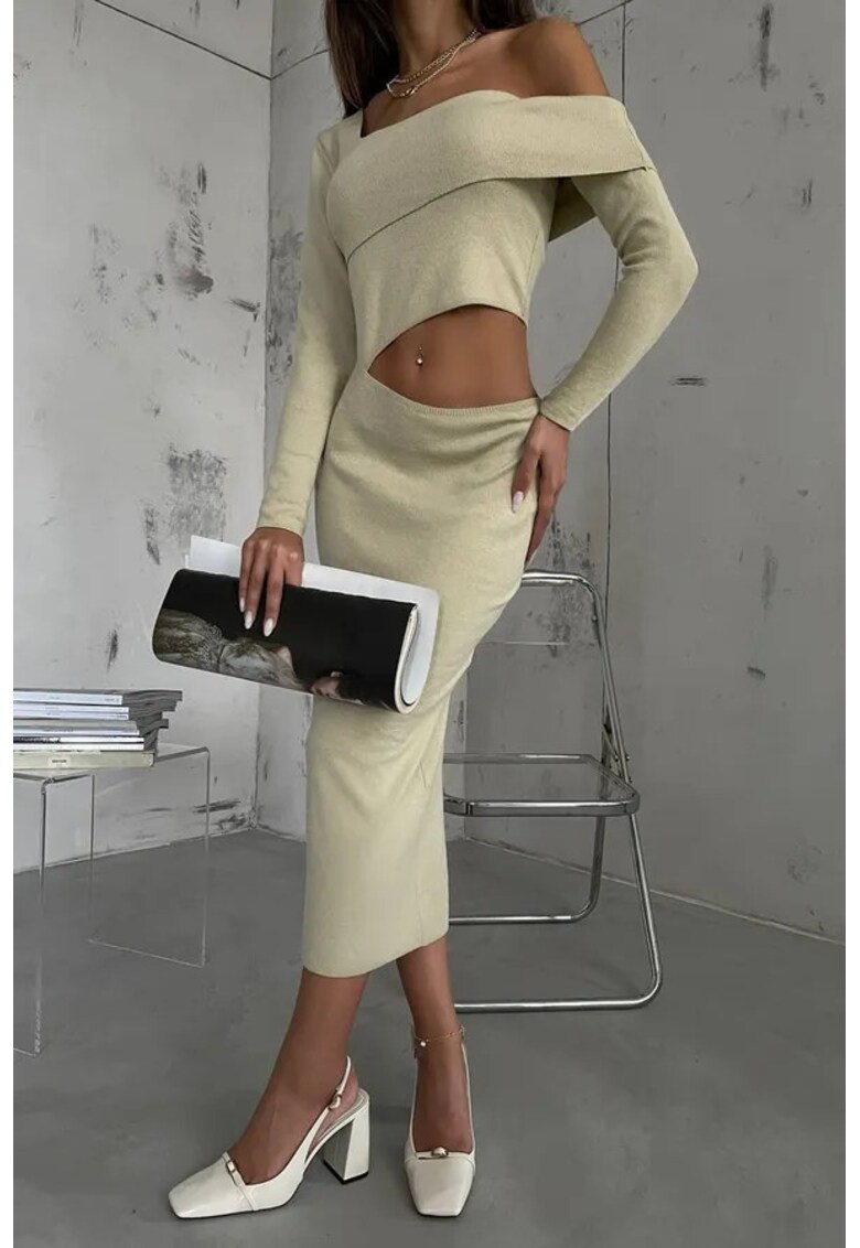 Rochie maxi mulata tricotata decupata asimetric - bej - tricot