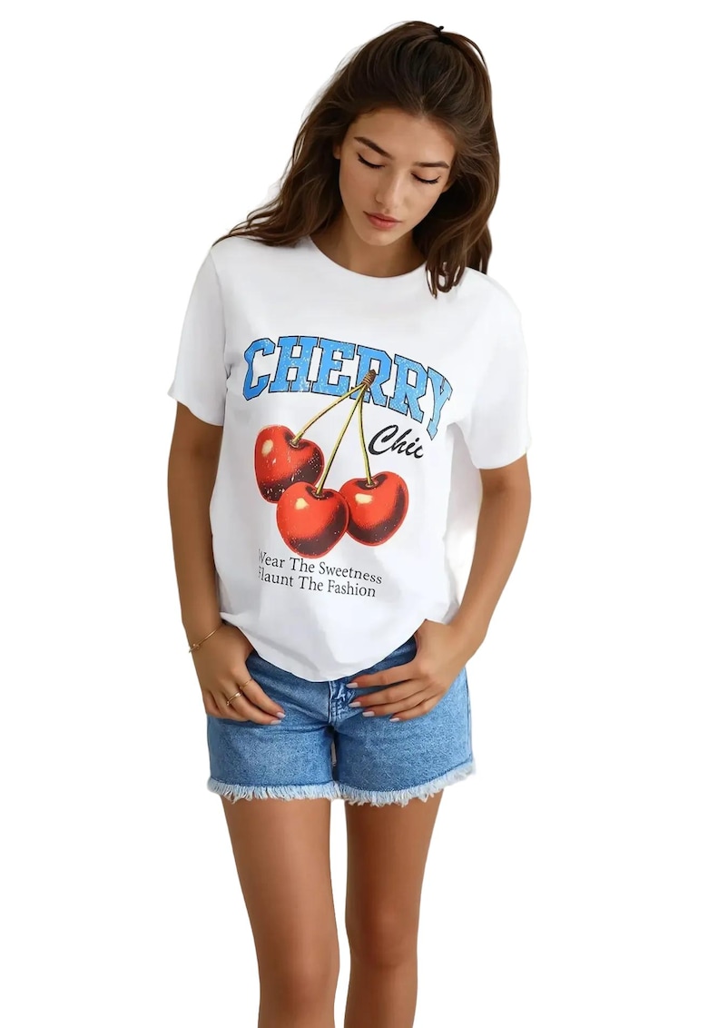 Tricou dama - Relaxed Fit - imprimeu - alb - bumbac