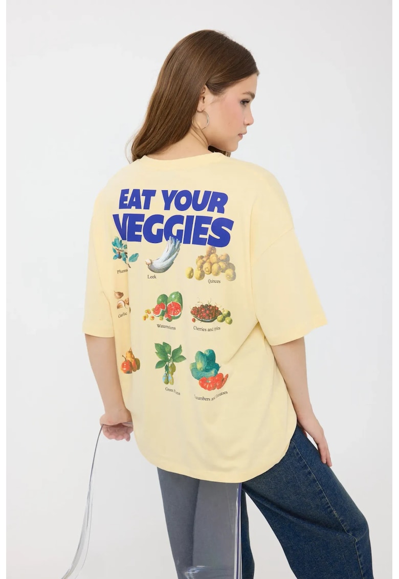 Tricou dama - supradimensionat - imprimeu - galben - bumbac