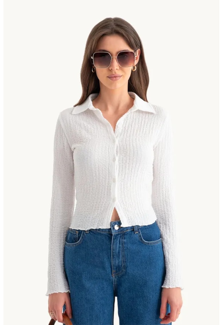 Bluza dama - cu maneca lunga si guler polo - alb - jerseu