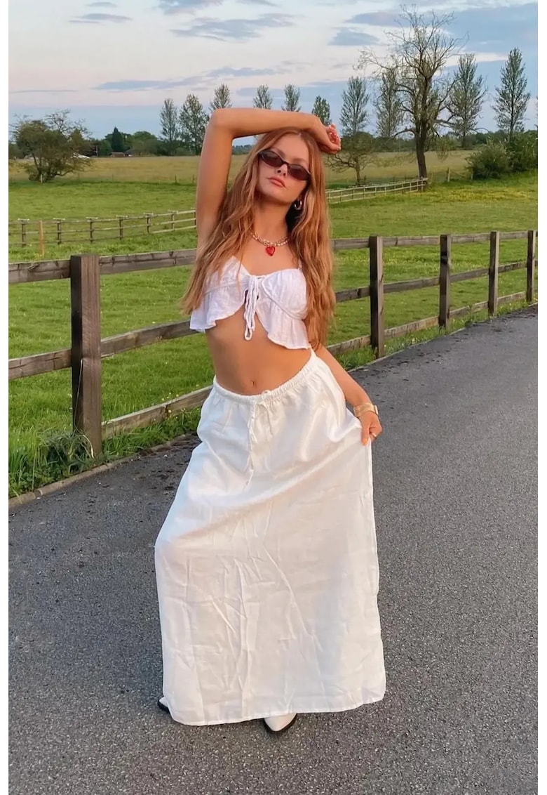 Fusta maxi dama - textil - talie inalta - cu snur - alb