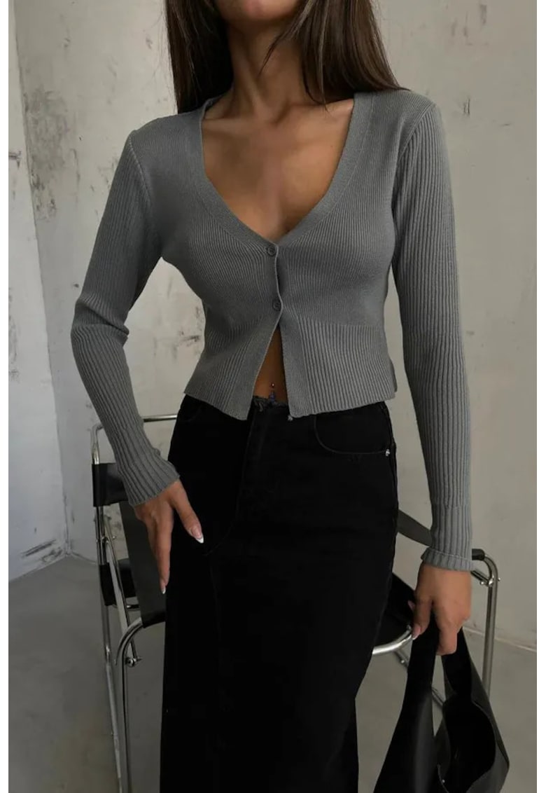 Pulover dama - cardigan scurt - decolteu in V - gri - tricot