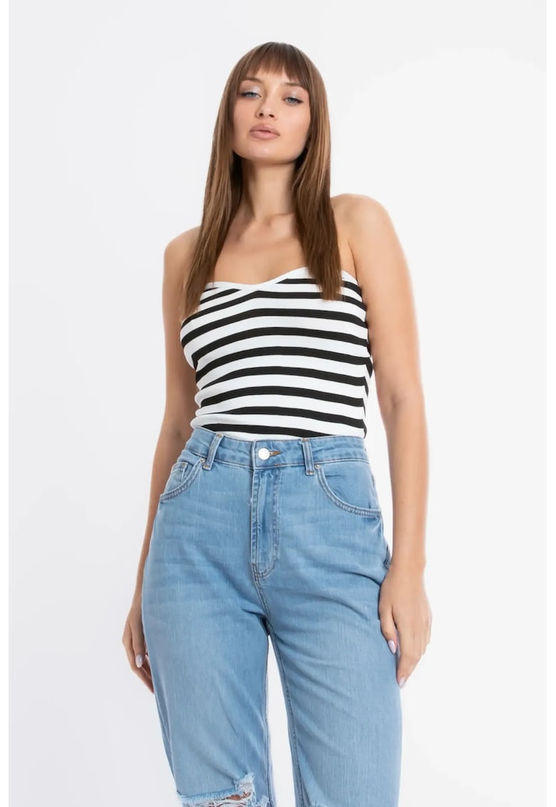 Top tricotat - scurt - dungi - albastru denim - material de calitate -