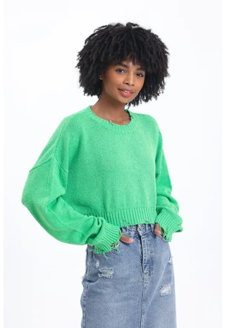 Pulover dama scurt - verde smarald - cu guler rotund - rupt - tricot -