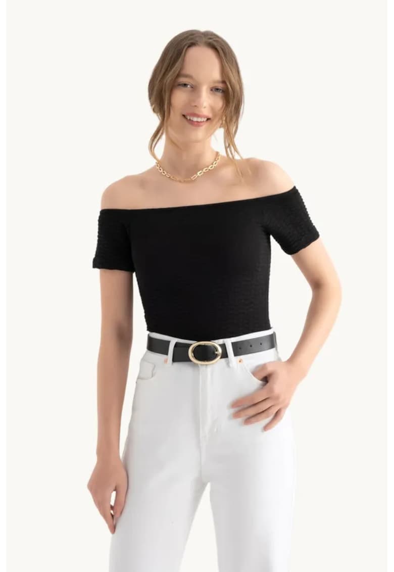 Bluza dama - top scurt - maneci scurte - umeri goi - negru - textil