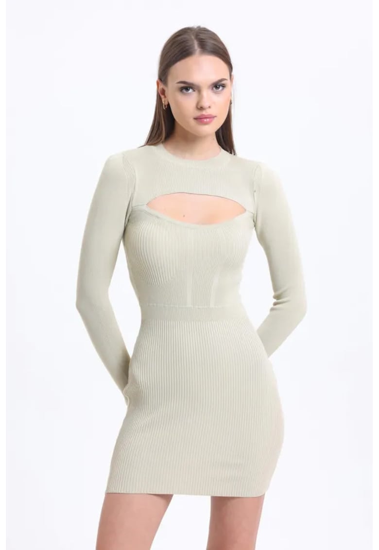 Rochie mini mulata - maneca lunga - decupata - bej - jerseu