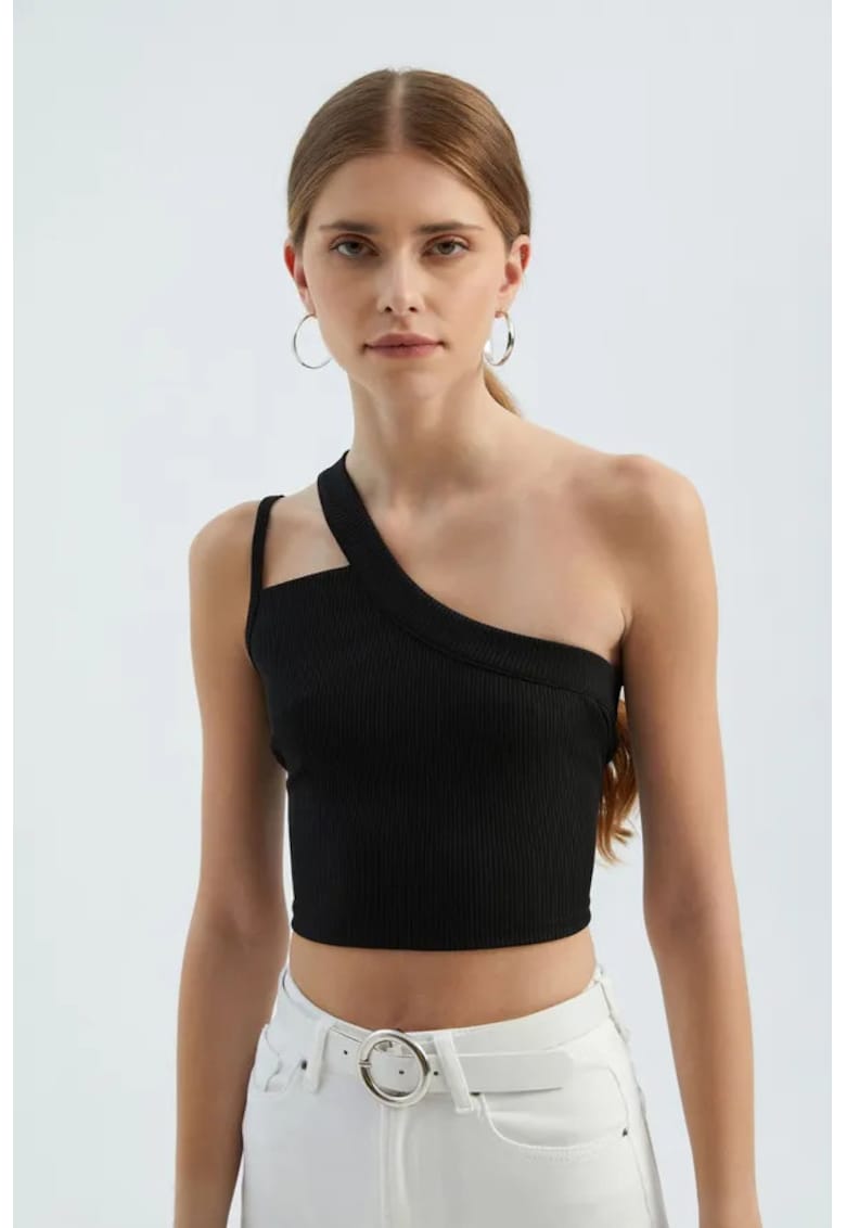 Top dama - crop cu un singur umar - negru - jerseu -