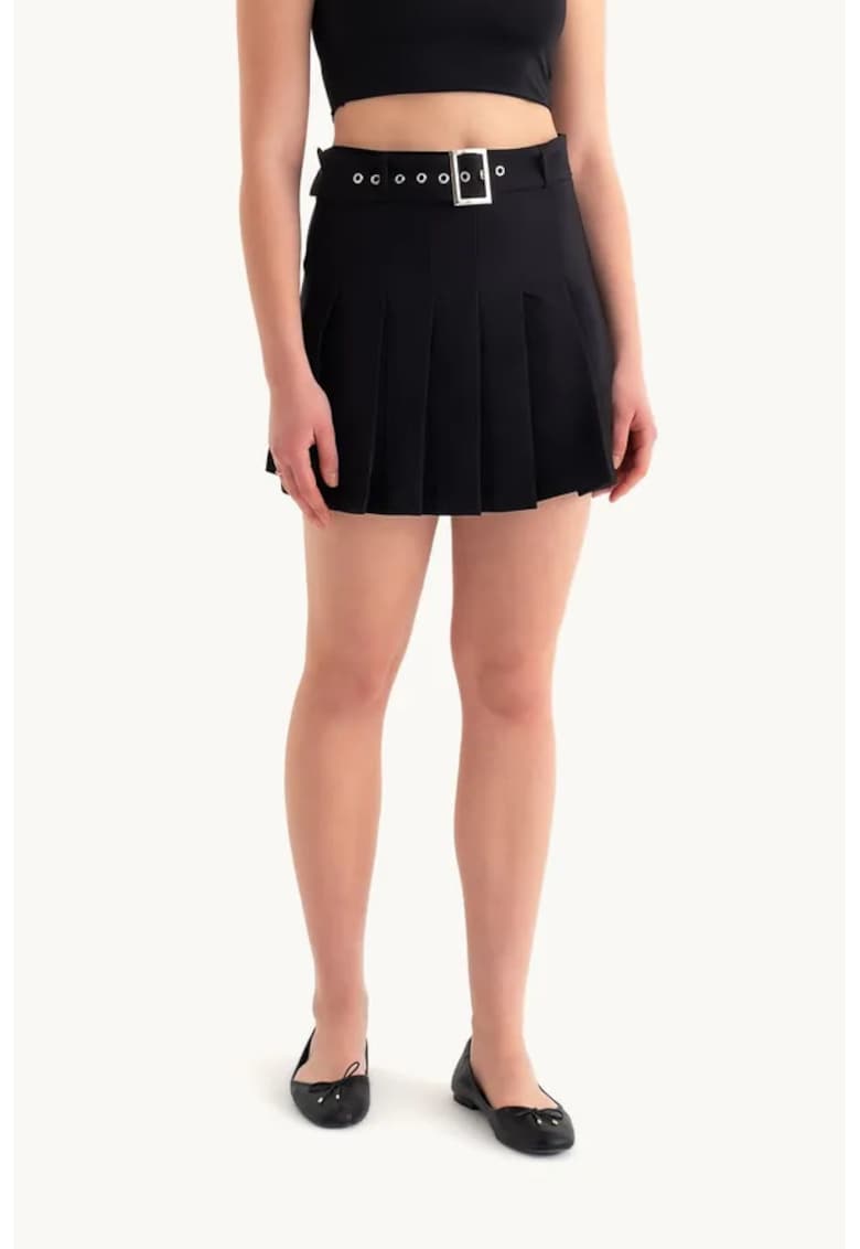 Fusta dama textil - cu talie inalta si curea - negru