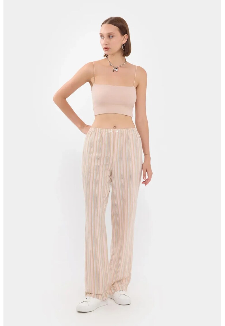Pantaloni dama - tesuti cu talie inalta - dungi - multicolori - poliester