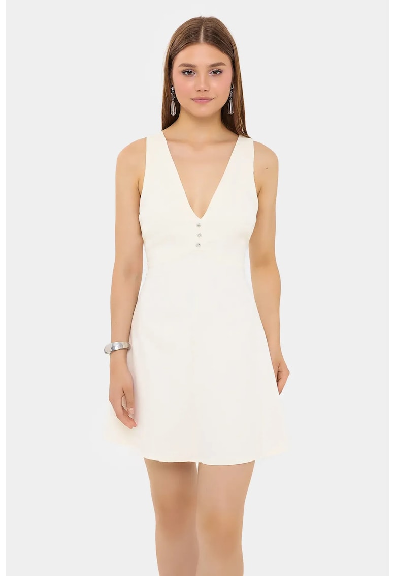 Rochie mini - bumbac - decolteu in V - decupaje - bej