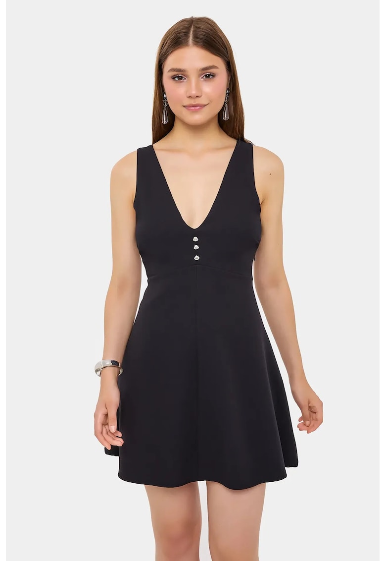 Rochie mini - bumbac - decolteu in V - decupaje - negru