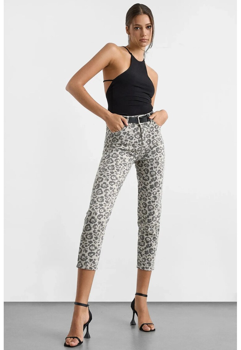 Pantaloni dama - denim slim fit - imprimeu animal - gri