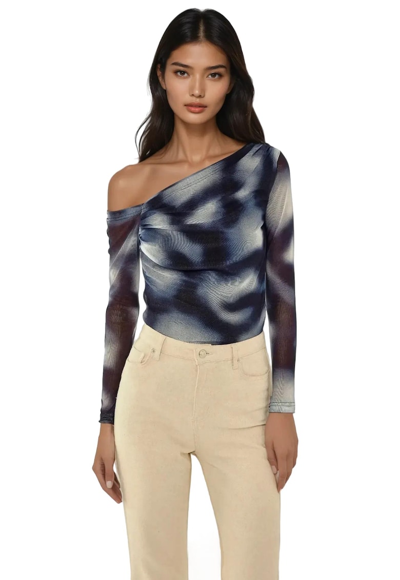 Bluza dama -  din tul cu guler asimetric - imprimeu animal print - albastru - poliester