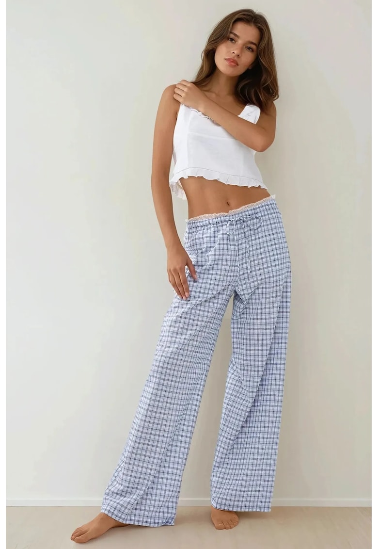 Pantaloni lungi de casa - carouri - detaliu inima - albastru - poliester