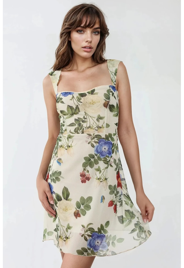 Rochie mini - tul cu imprimeu - decolteu inima - bej