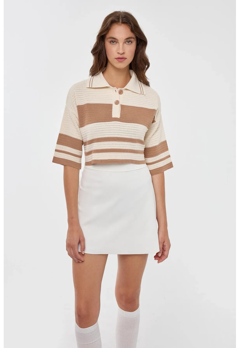 Pulover dama - crop cu dungi - guler polo - natur - tricot
