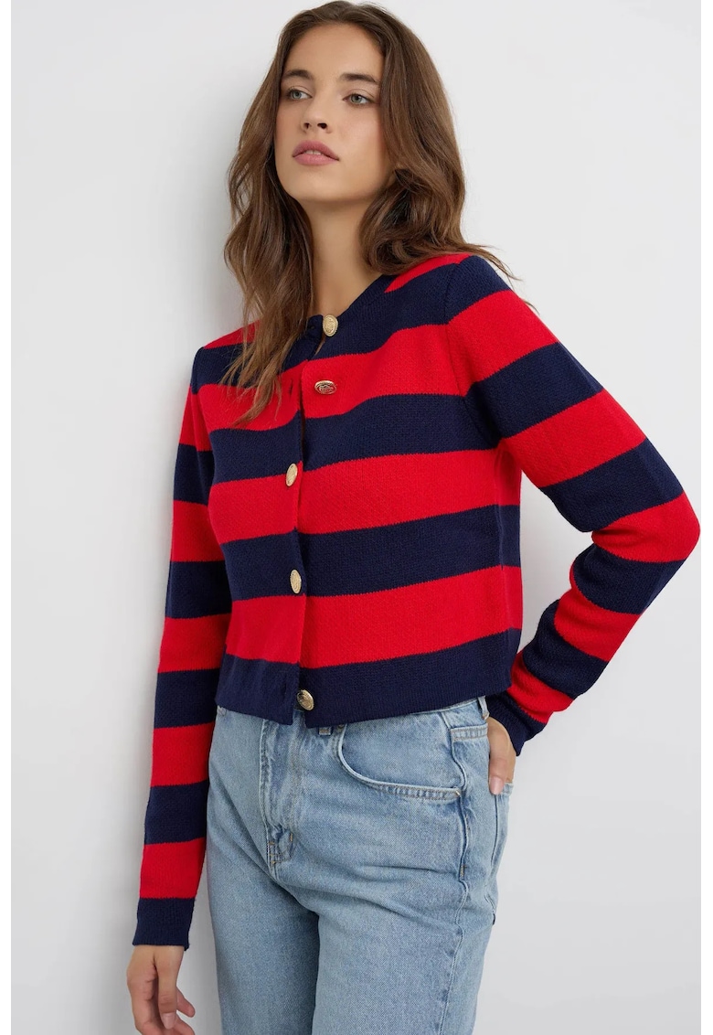 Cardigan tricotat cu dungi si nasturi - rosu - acril