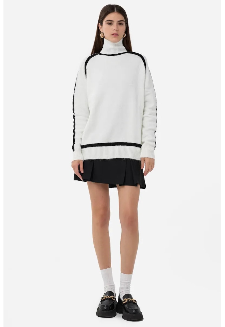 Pulover dama - tricotat supradimensionat - detalii contrastante - alb - acril