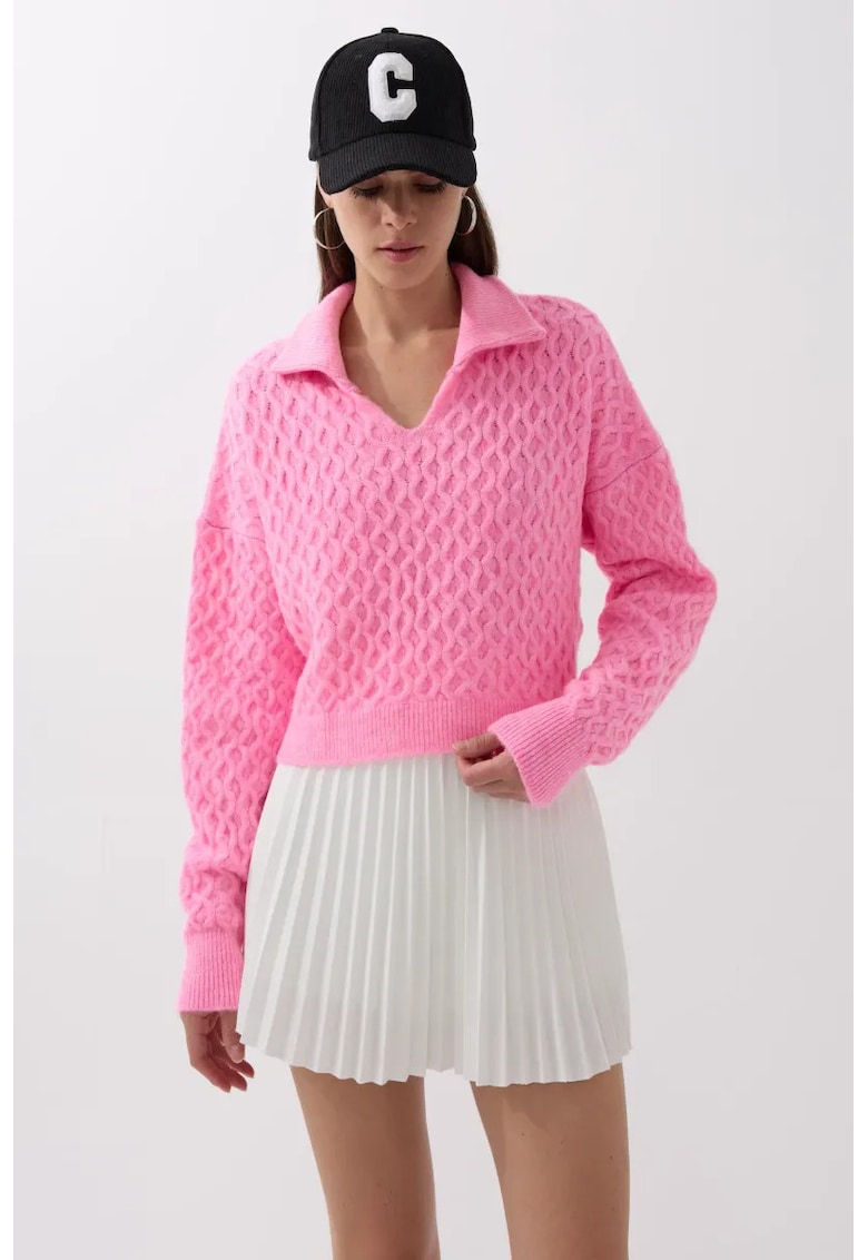 Pulover dama - pulover tricotat texturat cu guler camasa - roz - tricot