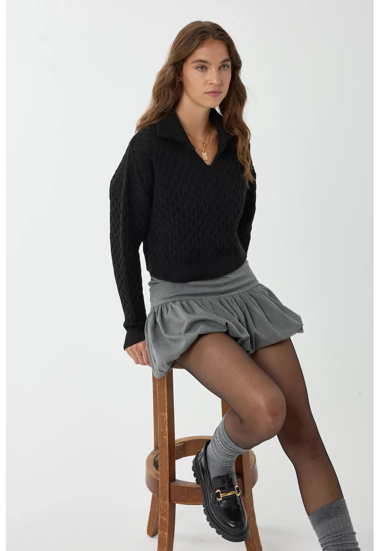 Pulover dama - tricotat texturat cu guler camasa - negru - tricot