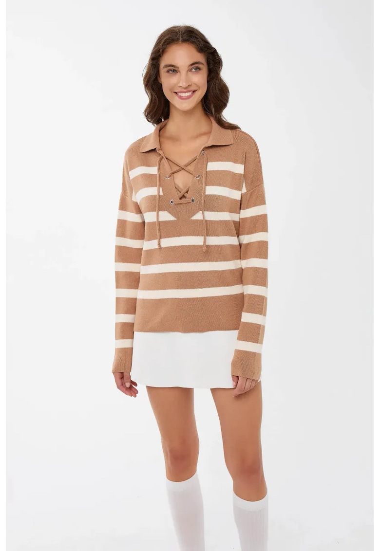 Pulover tricotat lejer dungi - natural - tricot
