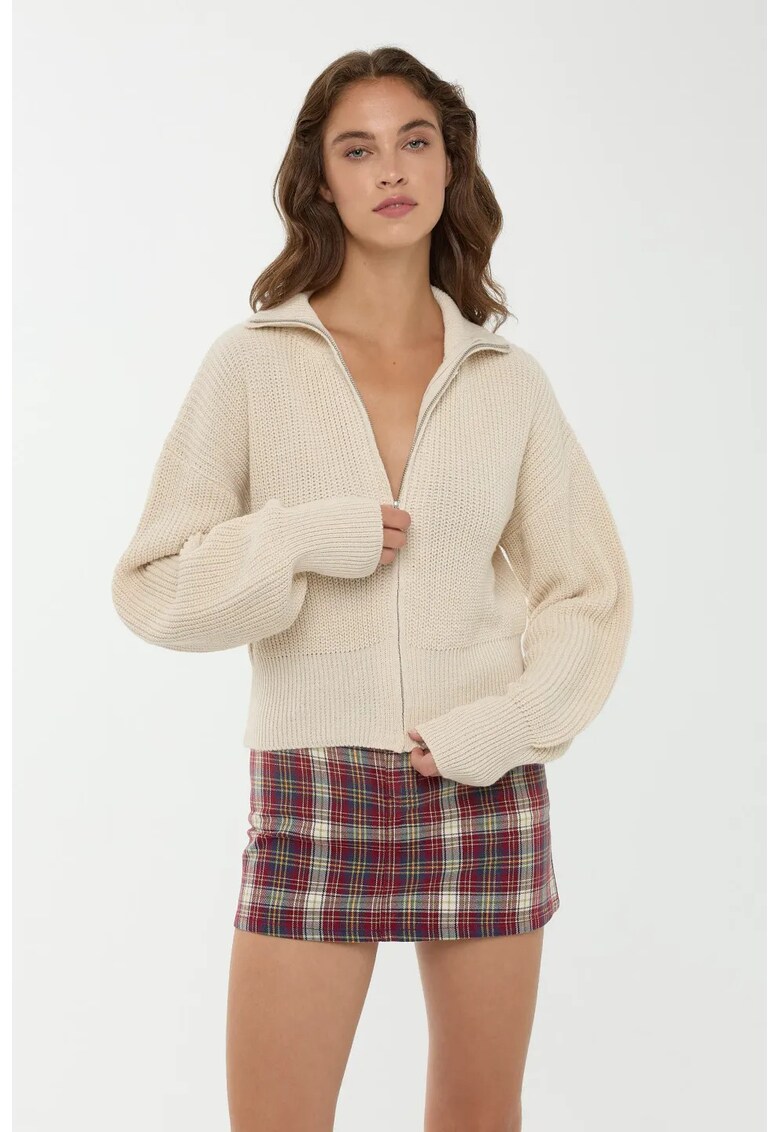 Pulover dama - cardigan cu fermoar - elegant - natural - acril