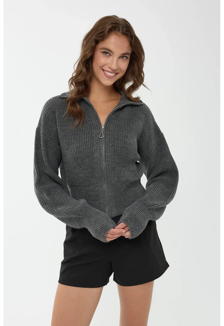Cardigan dama - cu fermoar - gri - tricot