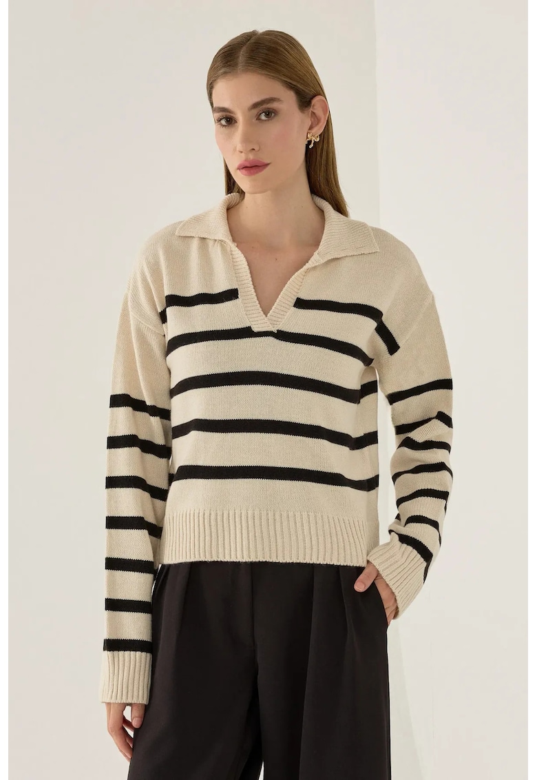 Pulover dama - pulover tricotat cu guler polo - dungi - natur - tricot