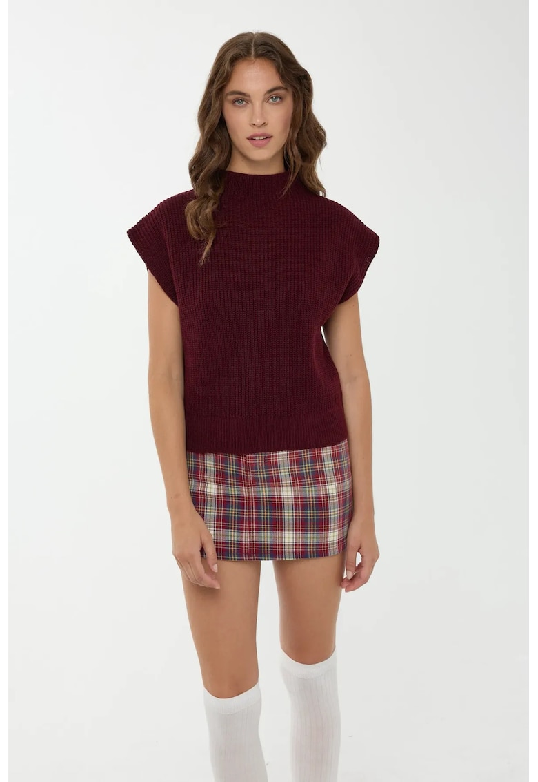 Pulover dama - tricotat cu guler inalt - rosu - acril