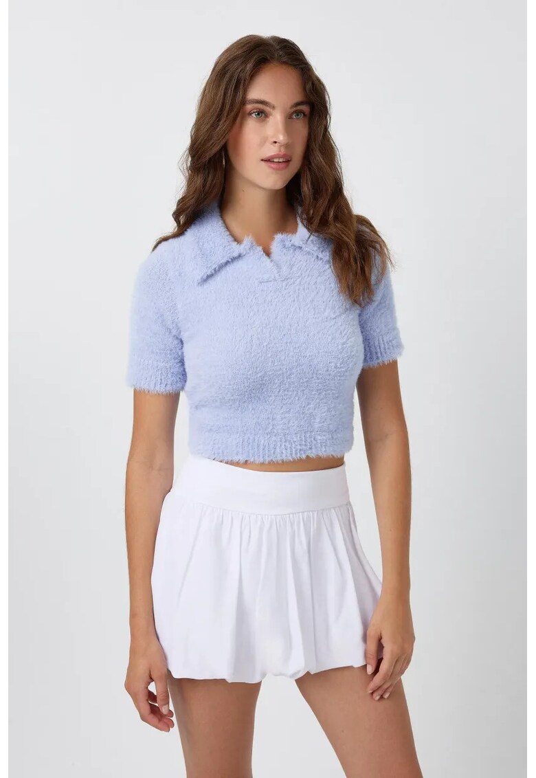 Top tricotat - top scurt cu guler polo - albastru - tricot -