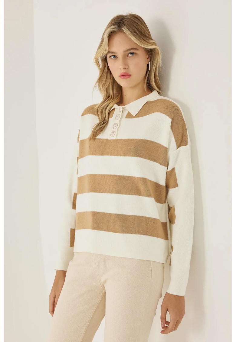 Pulover Pulovercu dama - tricotat cu dungi si guler cu nasturi - tricot -