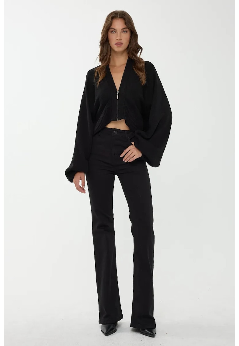 Pulover dama - supradimensionat cu guler cu fermoar - negru - tricot