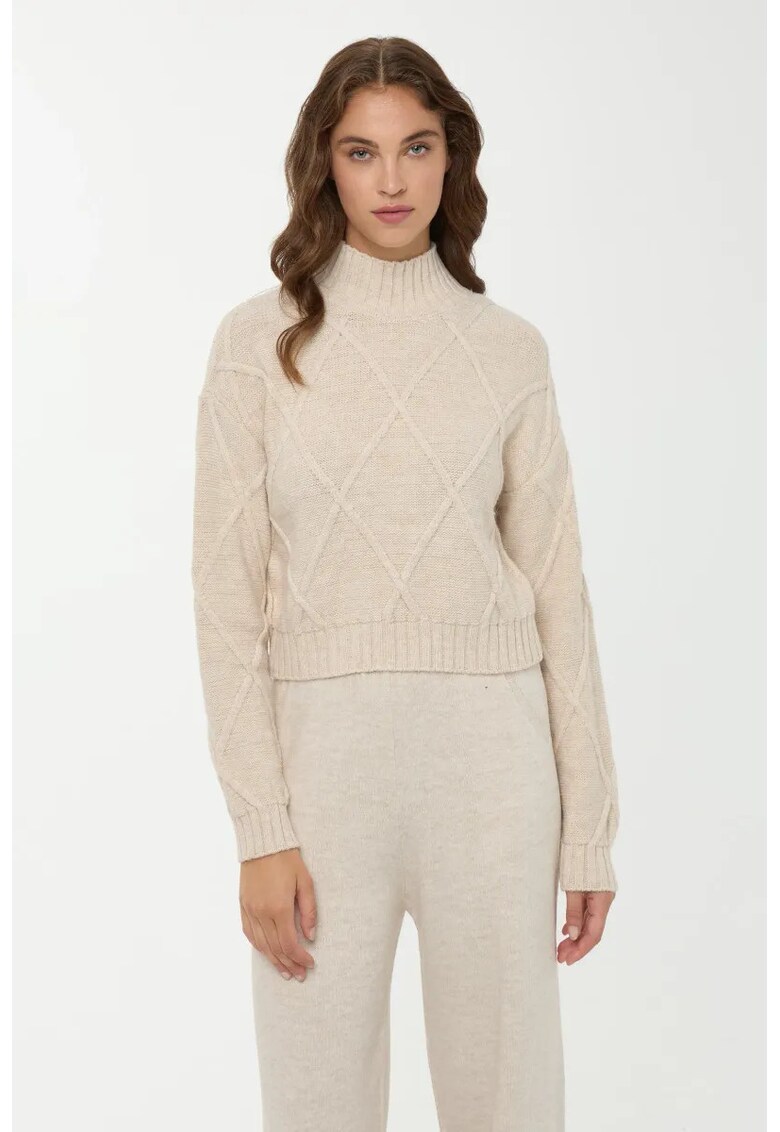 Pulover dama tricotat - guler inalt - texturat - natural