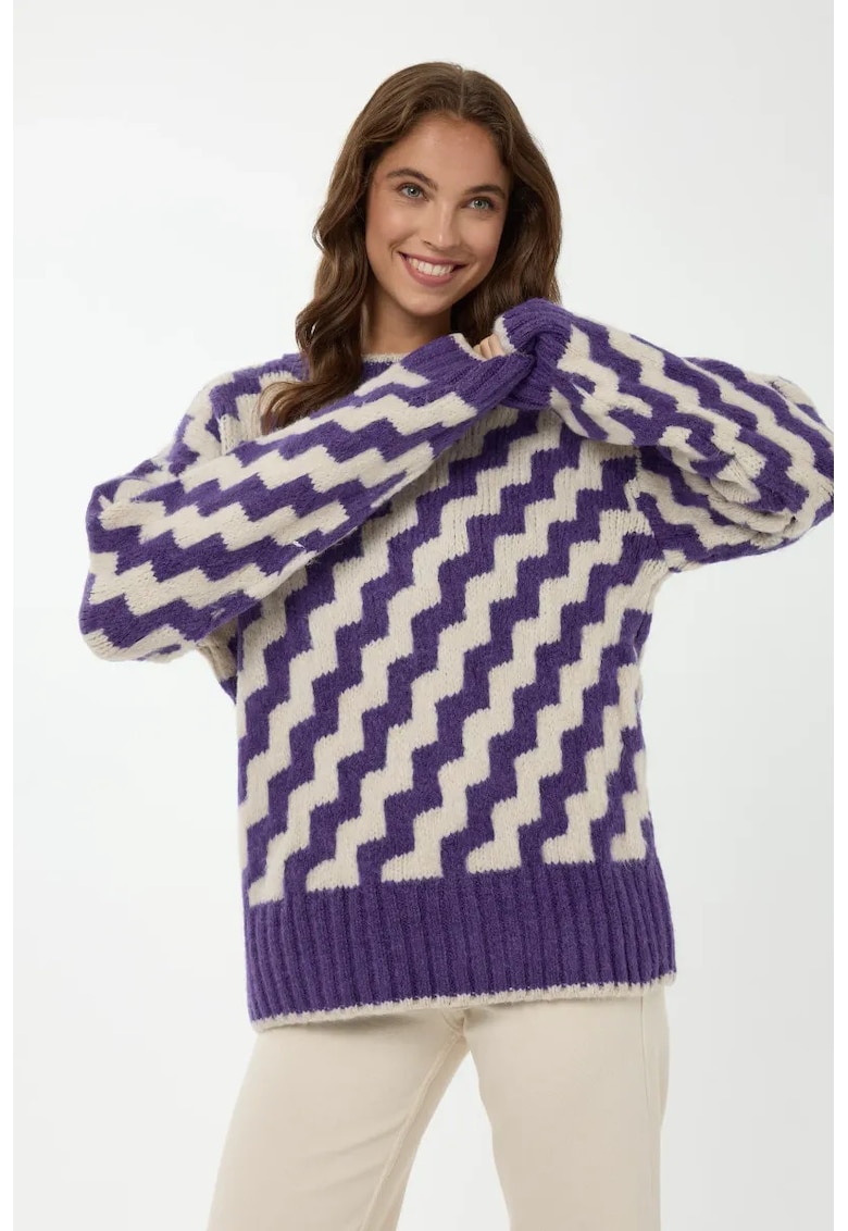 Pulover dama guler rotund - model zigzag - violet - tricot