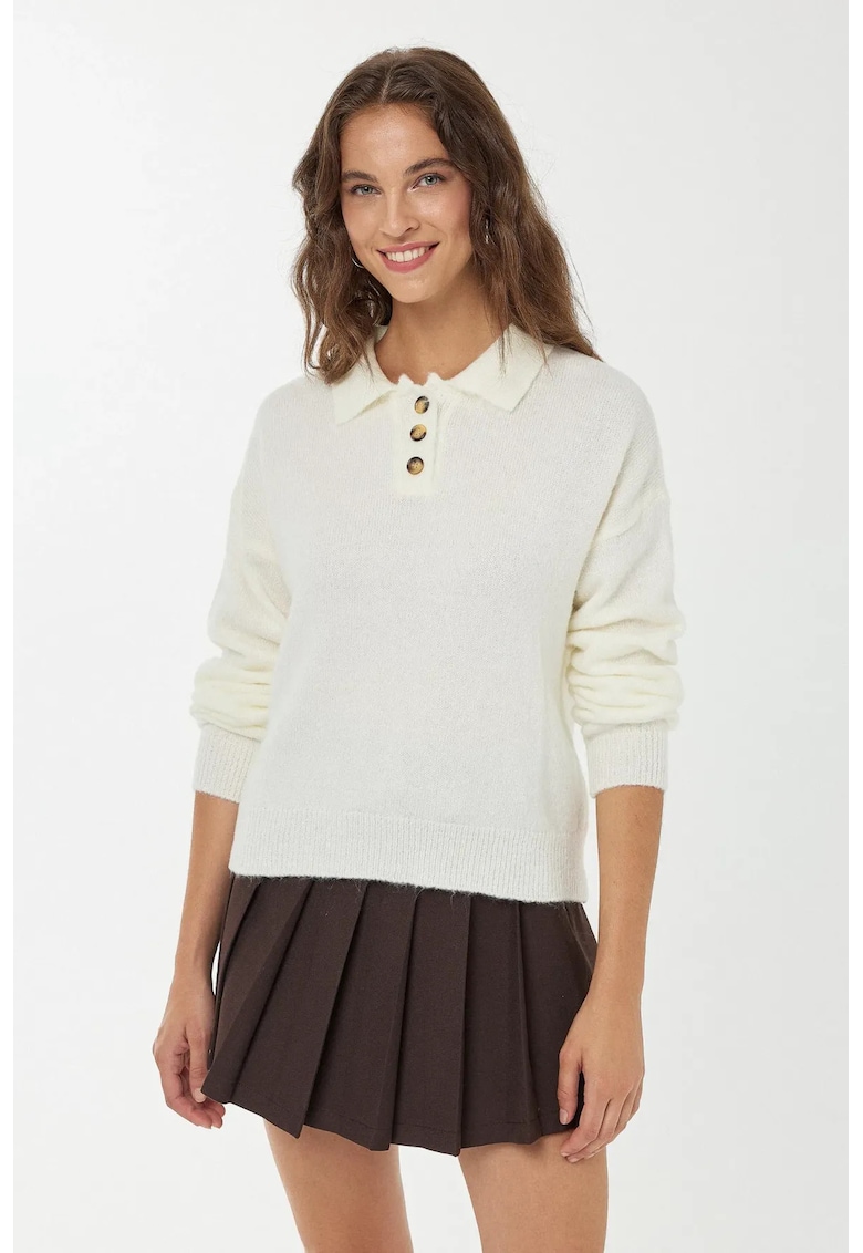 Pulover dama - pulover tricotat cu guler cu nasturi - alb - tricot