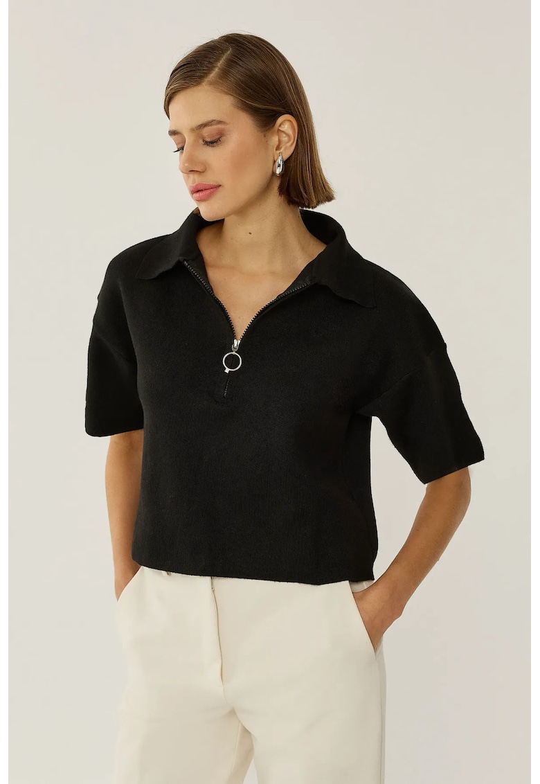 Pulover dama - tricotat cu guler cu fermoar - slim fit - negru - acrilic