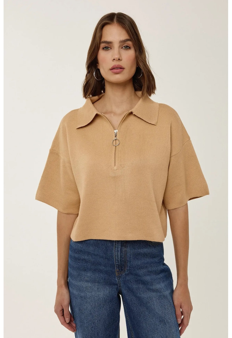 Pulover dama - bluza tricotata cu guler cu fermoar - slim fit - maro - tricot