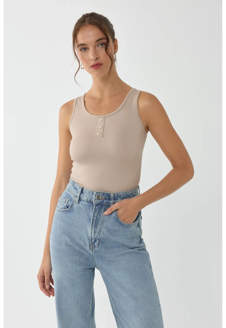 Top scurt bej jerseu poliester