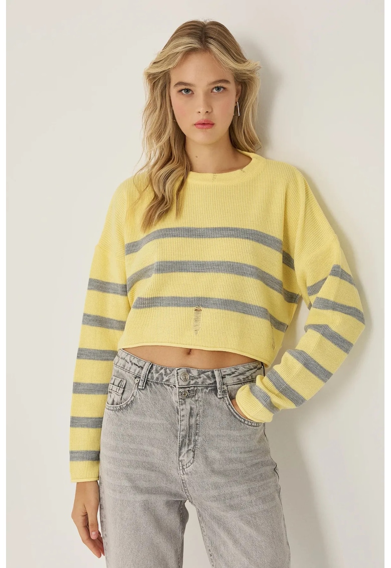 Pulover dama guler rotund - dungi - galben - material acrilic
