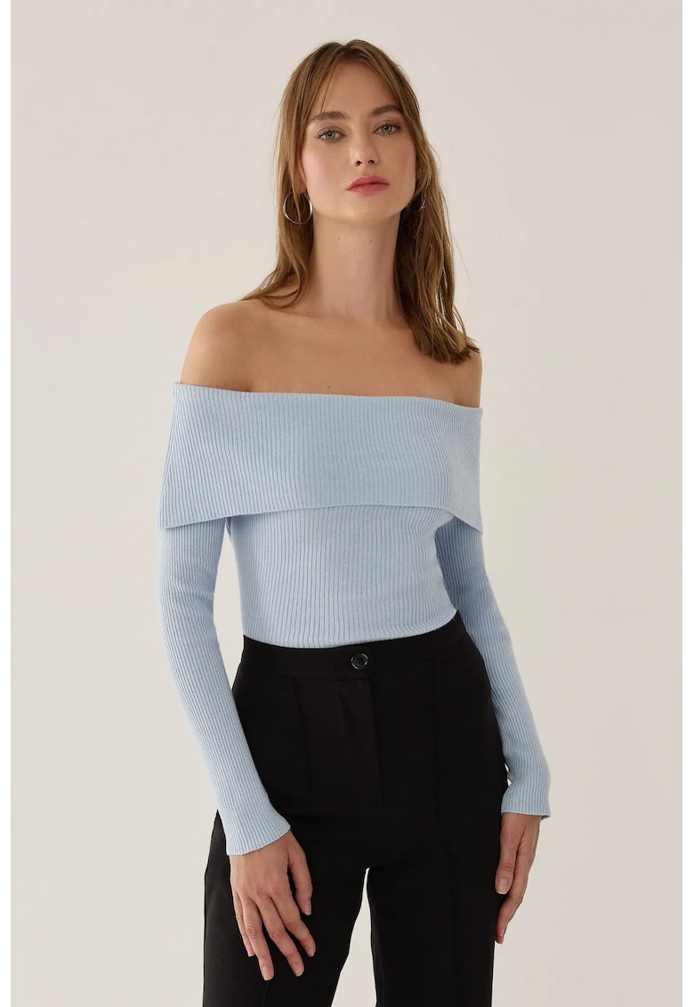 Top tricotat - guler Madonna - umeri goi - albastru - acril