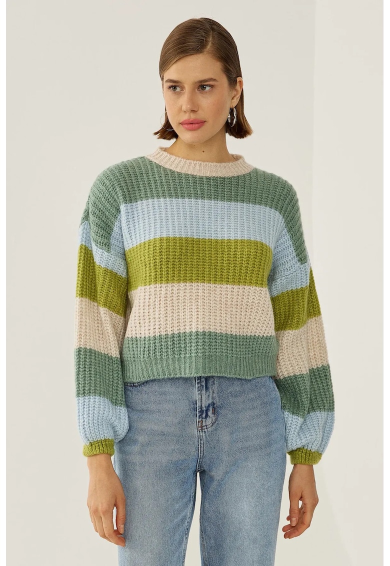 Pulover dama cu dungi - croiala lejera - verde - acril