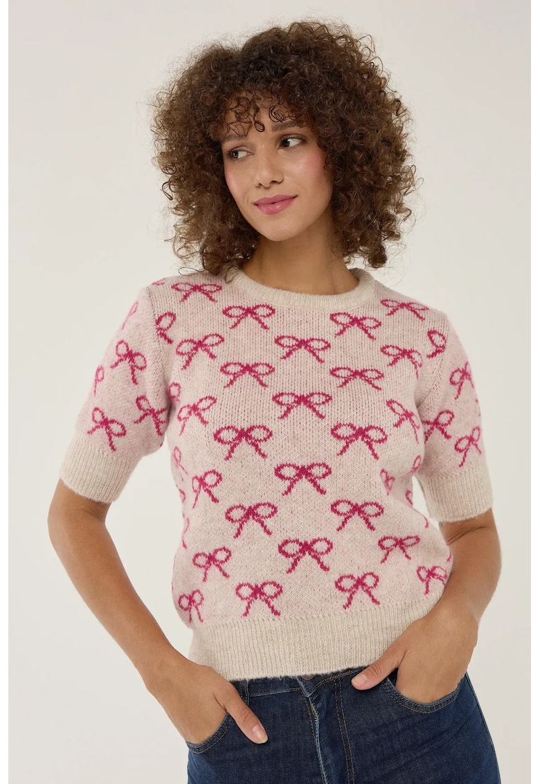 Pulover dama - cu maneca scurta - model cu funde - roz - acril