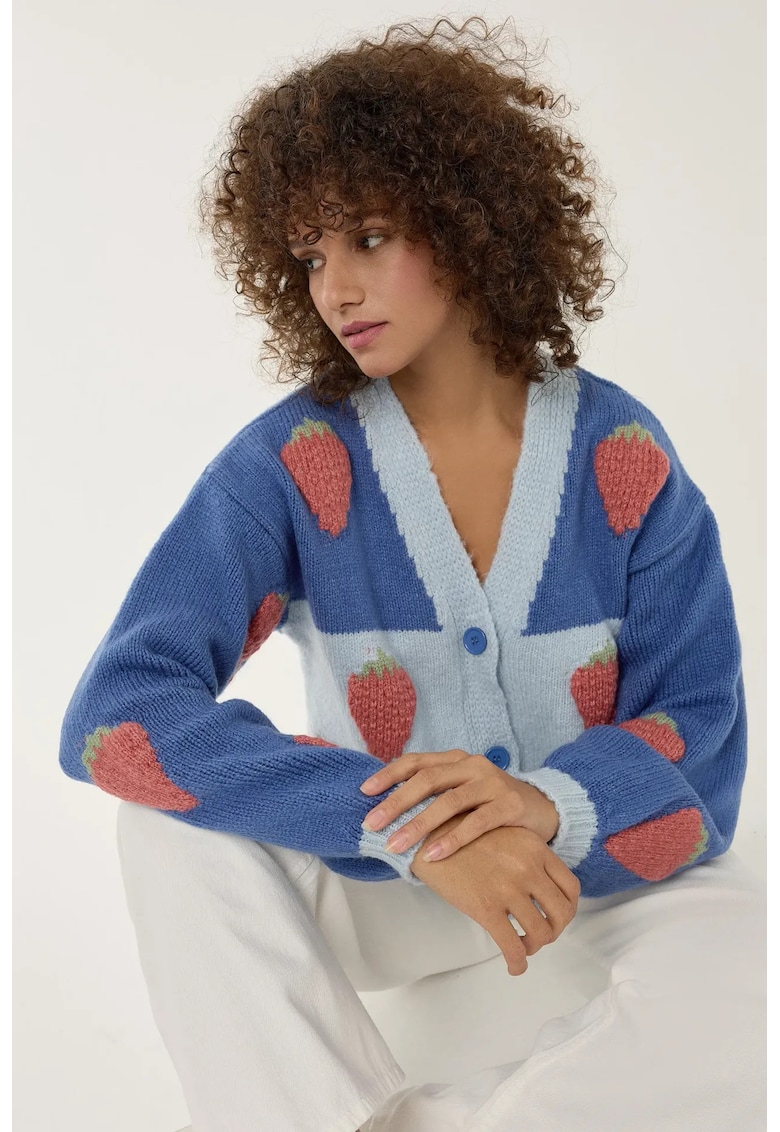 Cardigan supradimensionat - model de capsuni - albastru - acril