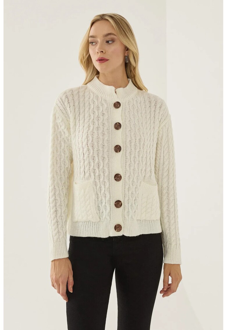 Cardigan tricotat texturat cu nasturi - alb - acril