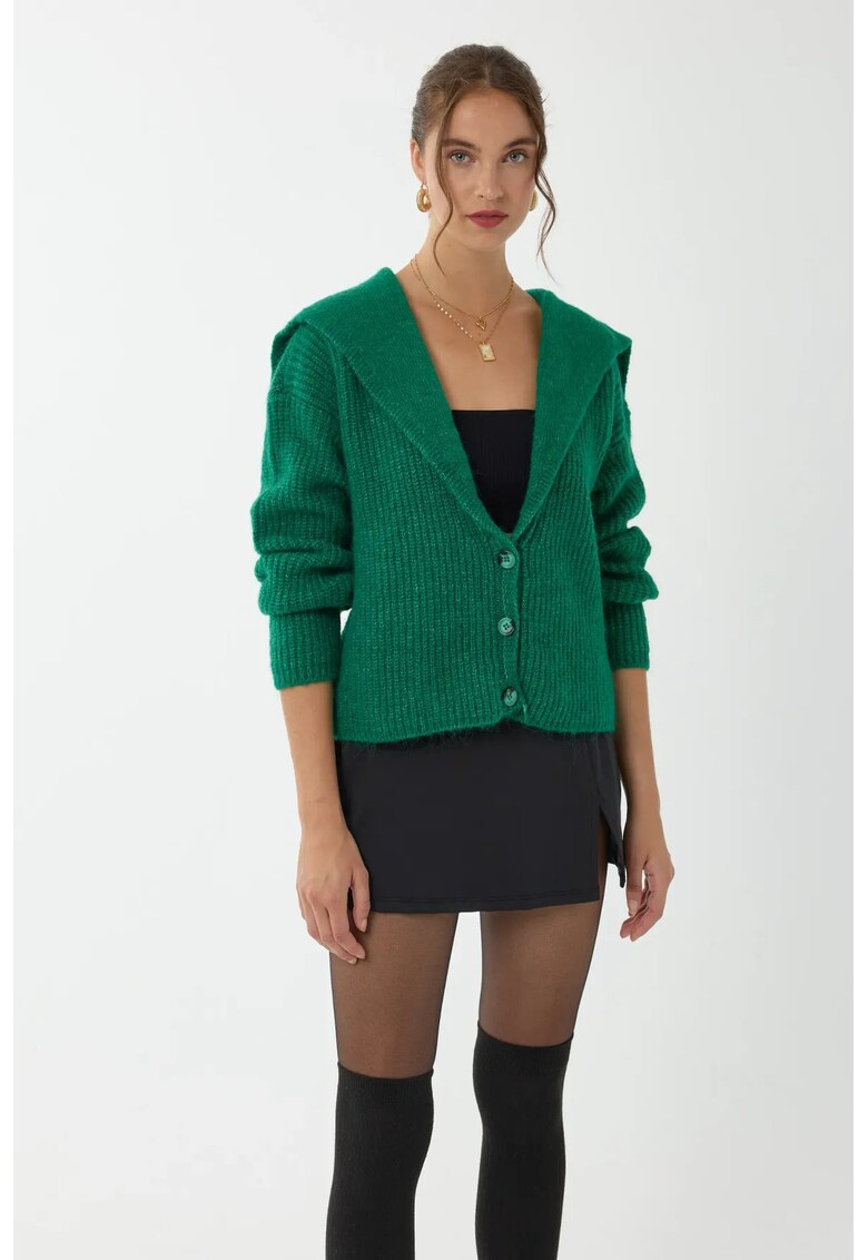 Pulover dama - cardigan tricotat cu nasturi - croiala lejera - acril - Verde Padure