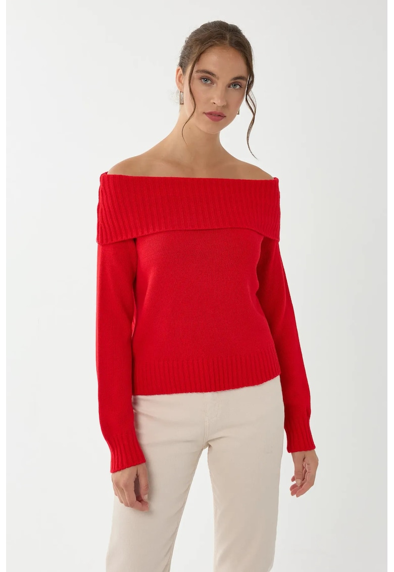 Pulover dama - pulover tricotat - umeri goi - rosu - tricot