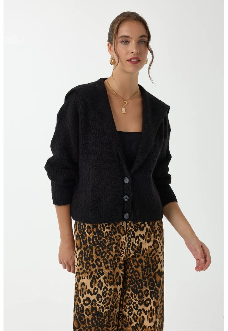Pulover dama - cardigan tricotat cu nasturi - croiala lejera - acril - Negru