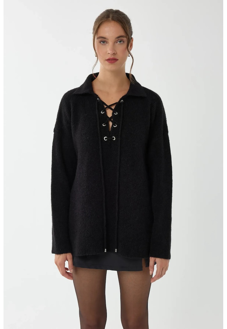 Pulover dama Relaxed Fit cu guler camasa - negru - tricot