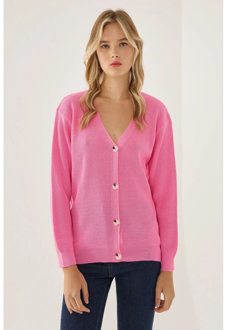 Cardigan Femei Decolteu in V - Nasturi - Tricot - Roz neon
